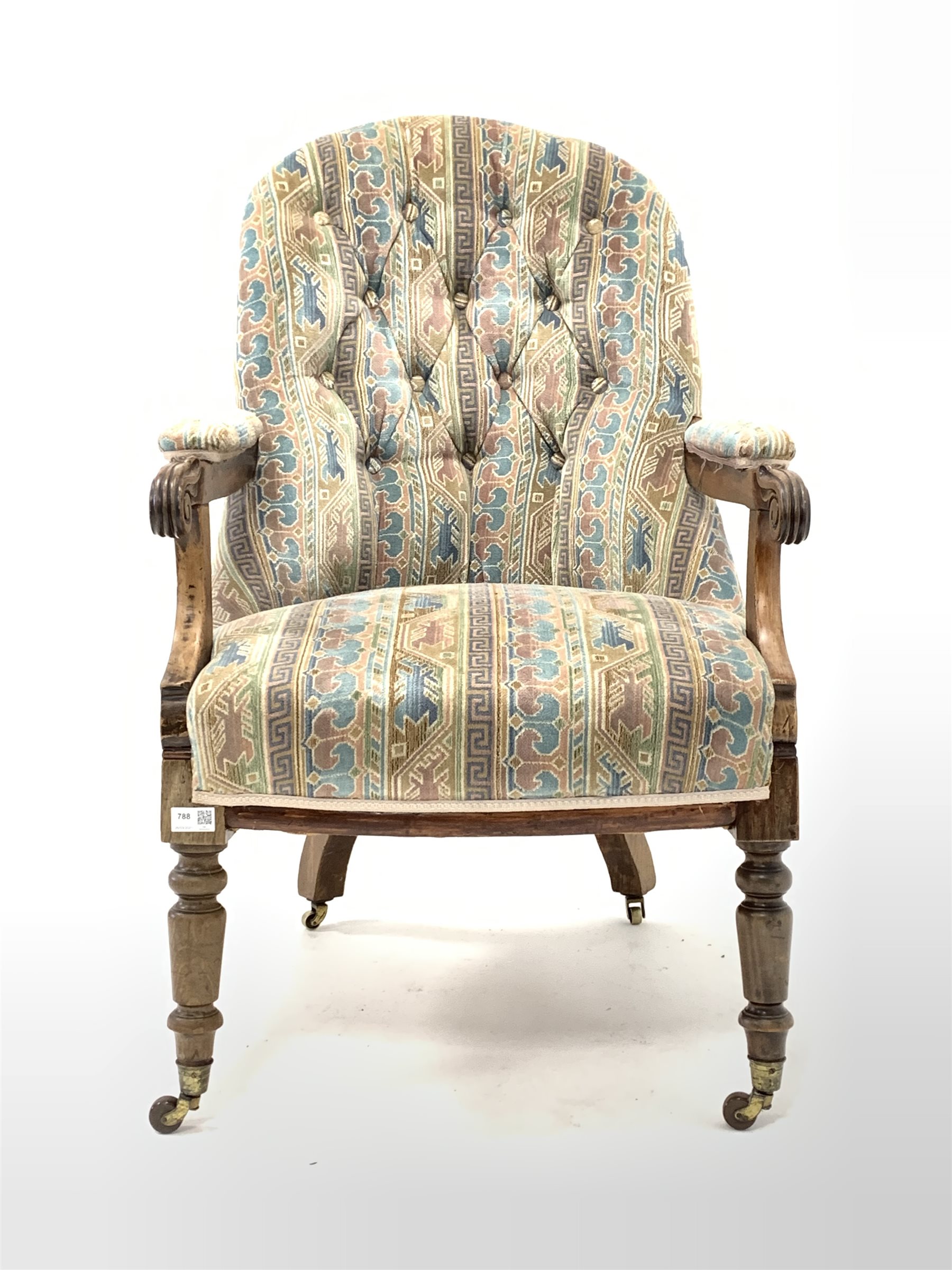 Late Victorian walnut framed open armchair, upholstered in buttoned fabric, floral scroll carved arm - Image 2 of 3