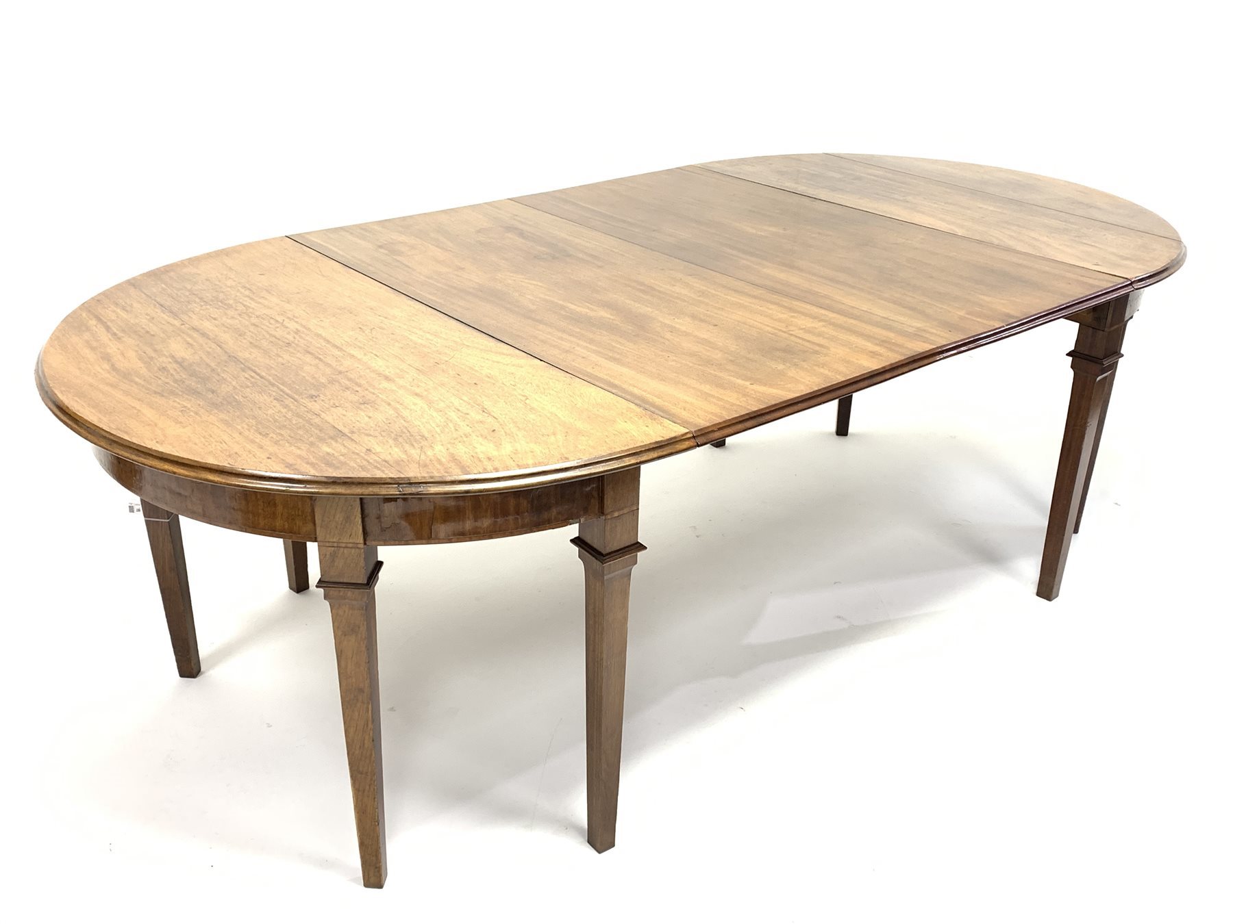 19th century and later mahogany dining table, two D-shaped ends with moulded demi-lune tops and sati