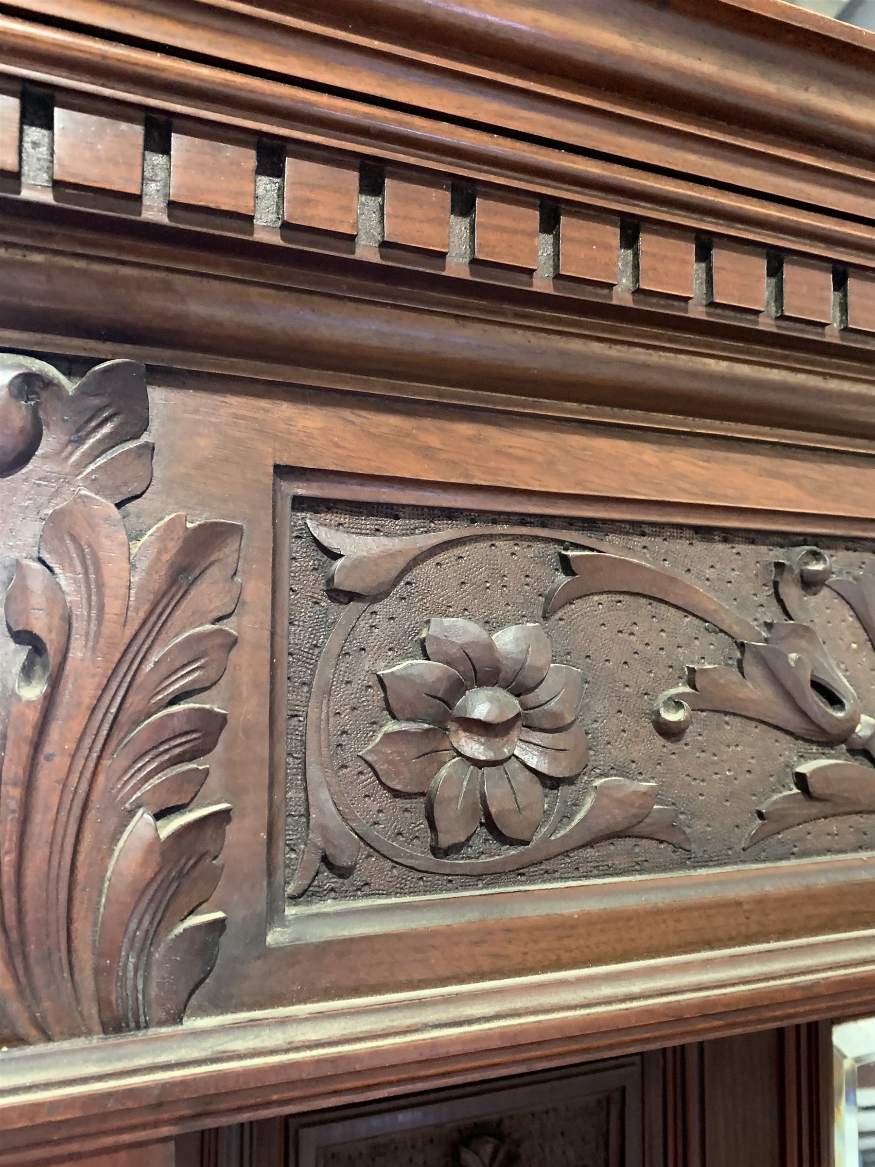 Large late Victorian mahogany mirror back sideboard, dentil cornice over floral carved frieze, bevel - Image 4 of 4
