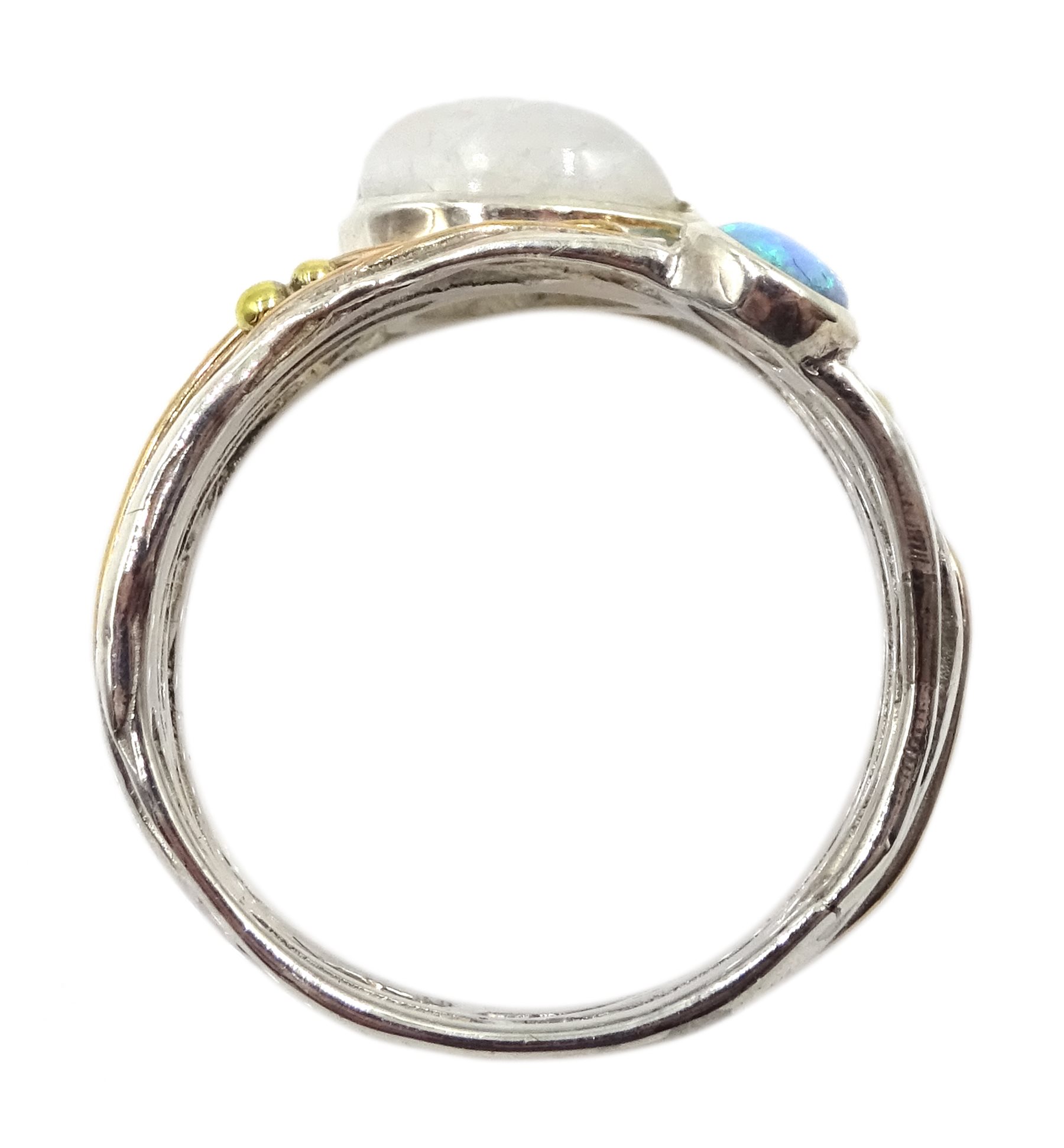 Silver and 14ct gold wire moonstone and opal ring, stamped 925 - Image 4 of 4