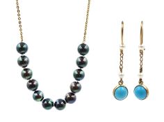 14ct gold grey pearl necklace, stamped 585 and a pair of 9ct gold turquoise and pearl pendant earrin