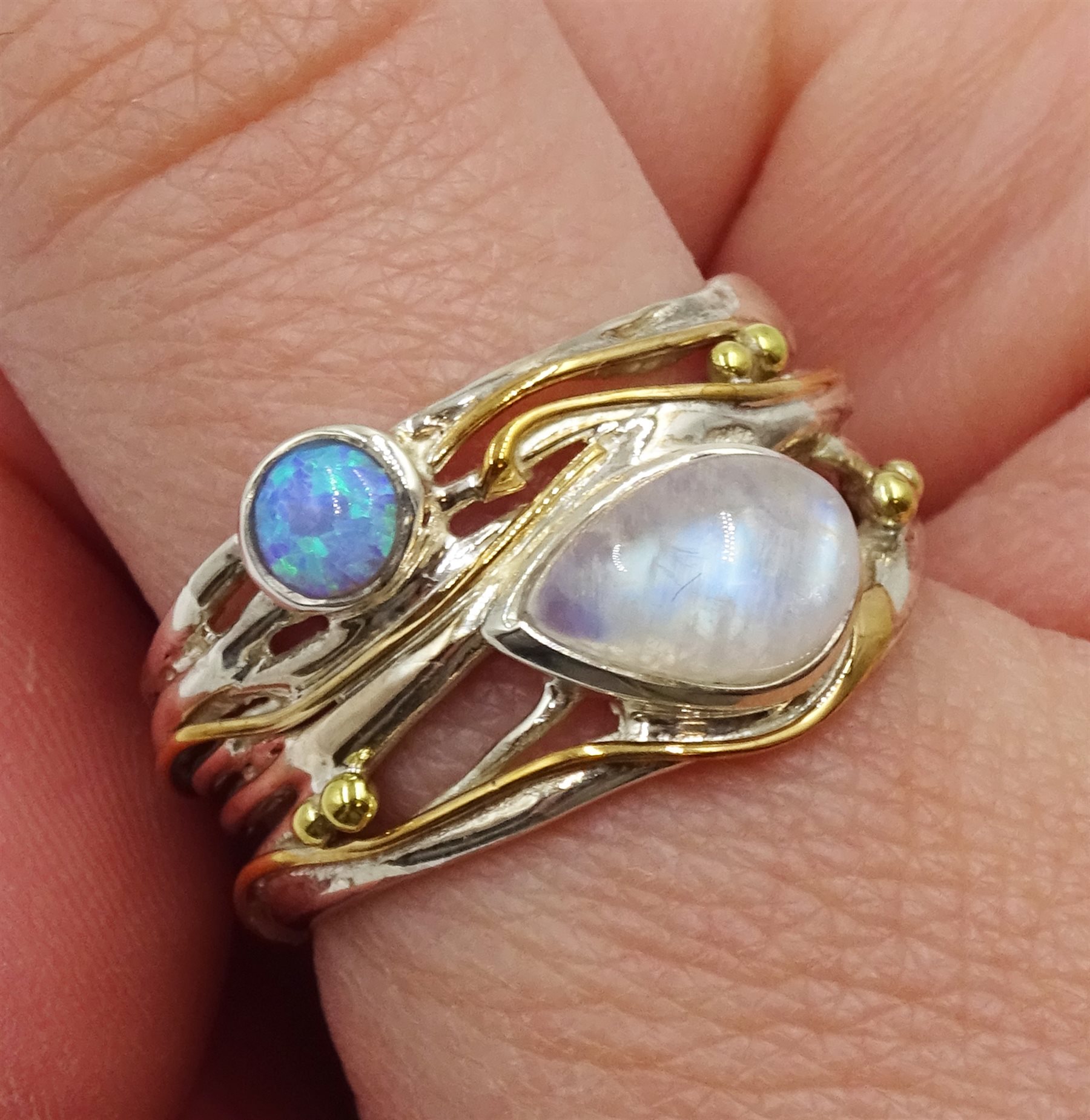 Silver and 14ct gold wire moonstone and opal ring, stamped 925 - Image 2 of 4