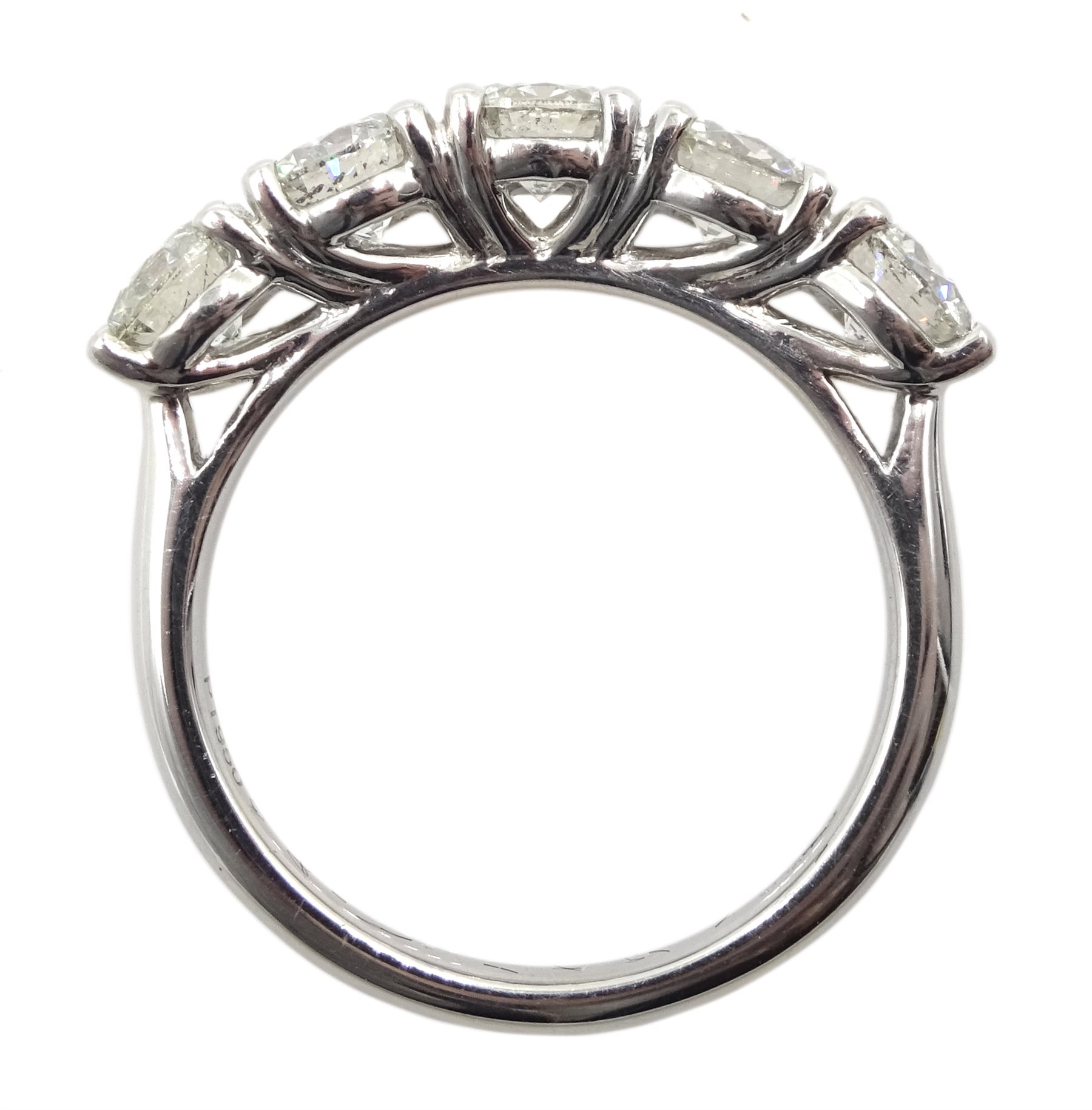 Platinum five stone round brilliant cut diamond ring hallmarked, total diamond weight approx 2.10 ca - Image 4 of 4