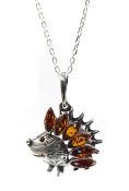 Silver amber hedgehog pendant necklace, stamped 925