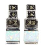 Pair of silver opal and marcastie pendant stud earrings, stamped 925