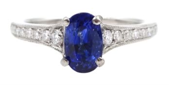 Platinum oval sapphire ring, with diamond set shoulders, hallmarked, sapphire approx 1.30 carat