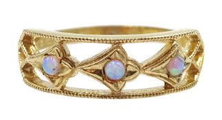 9ct gold three stone opal open work ring, hallmarked