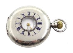 Silver half hunter keyless lever Traveller pocket watch by Waltham U.S.A, No. 11080593, white enamel