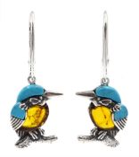 Pair of silver amber and turquoise kingfisher pendant earrings, stamped 925