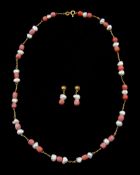 14ct gold pearl and coral bead necklace, stamped 585 and pair of similar 18ct gold pendant earrings,