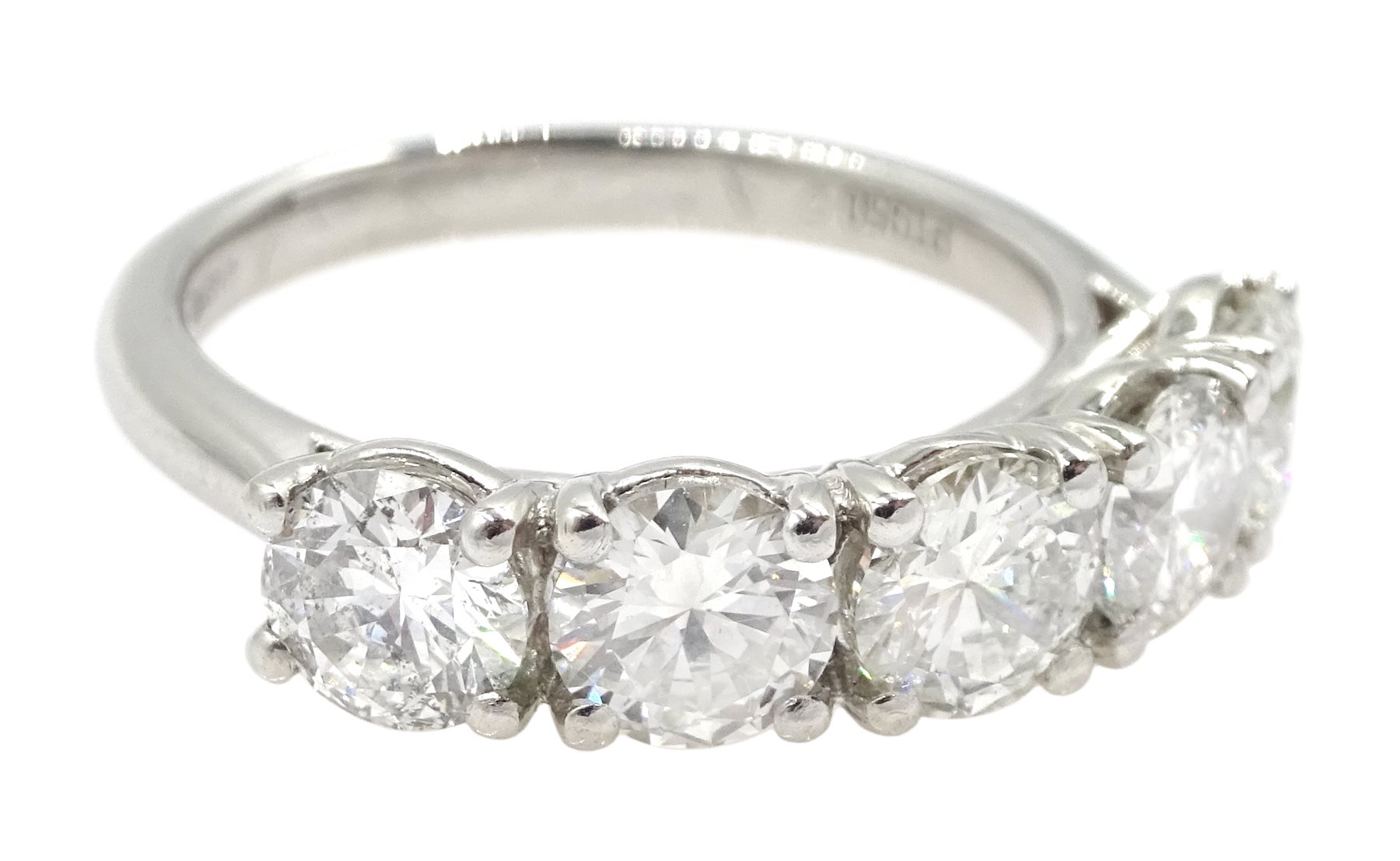 Platinum five stone round brilliant cut diamond ring hallmarked, total diamond weight approx 2.10 ca - Image 3 of 4