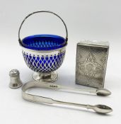 American sterling sugar basket with blue glass liner by Frank Whiting & Co., Victorian glass dressin