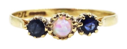 9ct gold three stone opal and sapphire ring, hallmarked