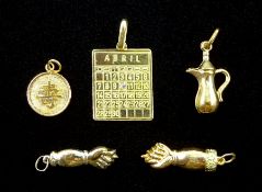 Gold diamond April calander pendant, gold hand charm and jug, all 18ct, one other 15ct gold hand cha