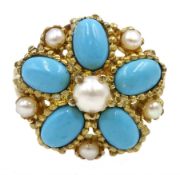 Silver-gilt turquoise and pearl cluster ring, stamped Sil