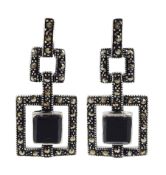 Pair of silver black onyx and marcasite pendant stud earrings, stamped 925