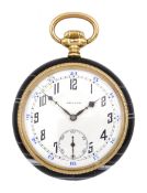 20th century open face keyless black and white agate pocket watch by Zenith, white enamel dial with