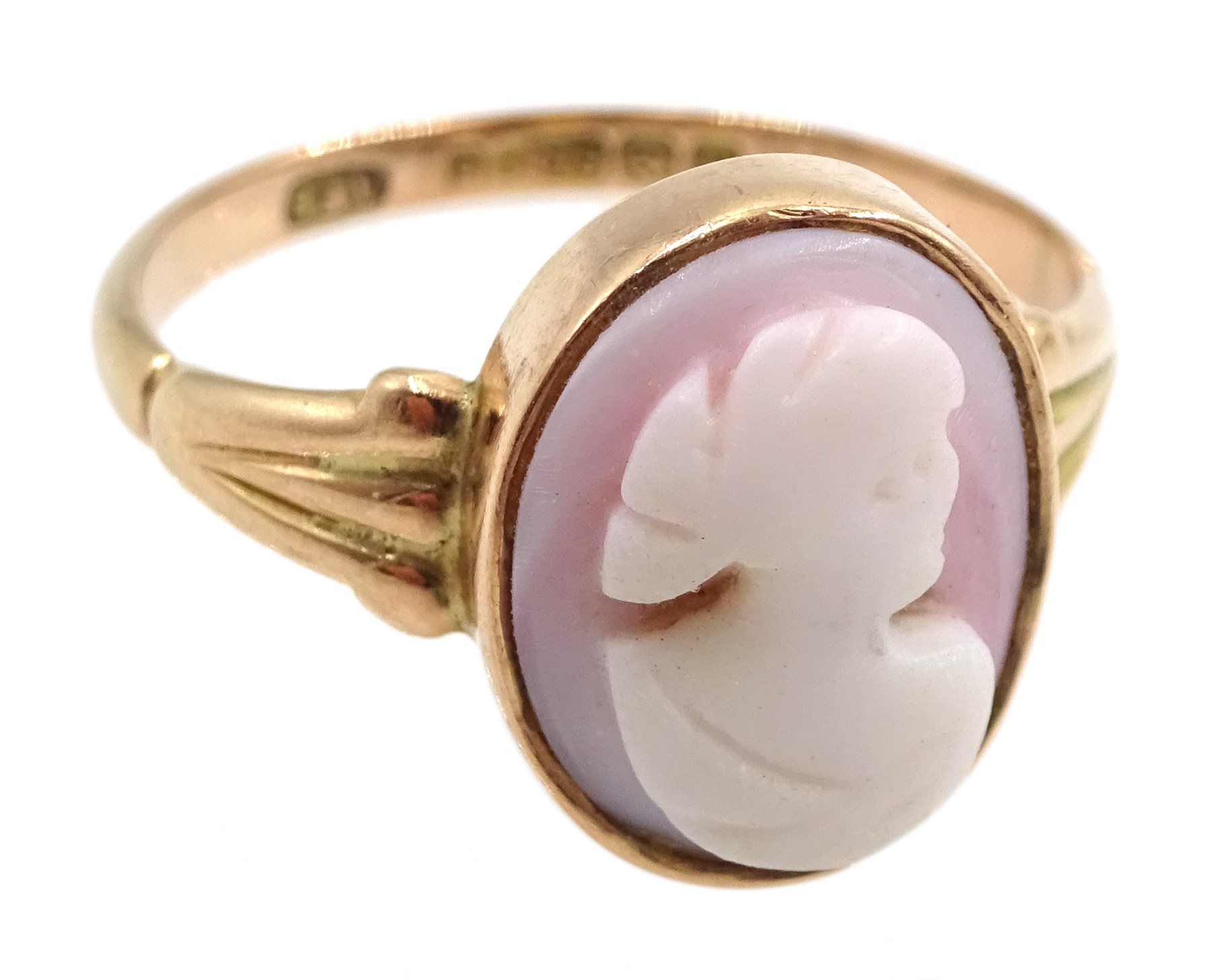 Early 20th century 9ct rose gold cameo ring, Birmingham 1919 and a gold blue topaz and pearl bar bro - Image 2 of 3
