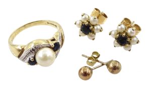 Gold pearl, diamond and sapphire ring, pair of gold pearl and sapphire stud earrings and pair of gol