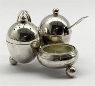 Silver cruet with salt, mustard and pepperette with loop handle and ball feet Sheffield 1911 Maker T