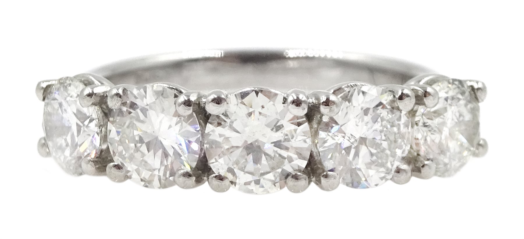 Platinum five stone round brilliant cut diamond ring hallmarked, total diamond weight approx 2.10 ca