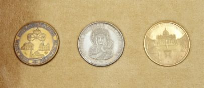 Bronze, silver & gold John Paul II Vatican three coin/medallion commemorative set, housed in a small