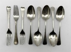 Set of five silver Old English pattern dessert spoons initialled 'K.D. a matching fork Sheffield 19