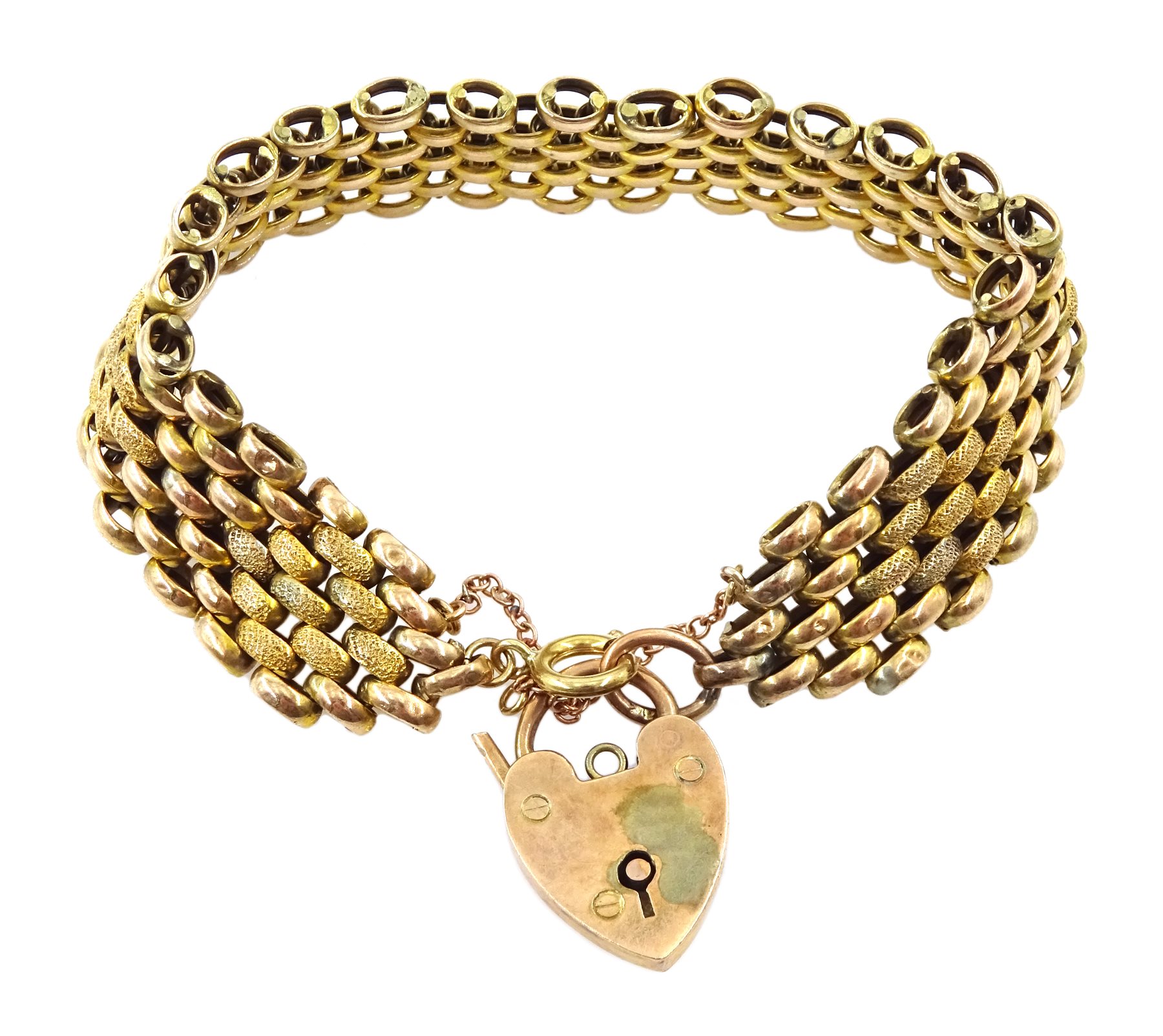 Victorian gold link bracelet, with heart locket stamped 9ct, approx 25.1gm