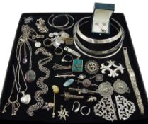 Collection of silver jewellery including brooches, necklaces, cufflinks stone set necklaces, silver