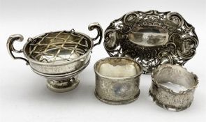 Small silver two handled trophy and a sweetmeat dish, both engraved '1921-1946' and two silver servi