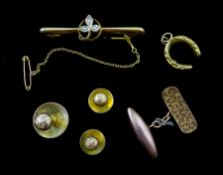 Three gold shirt studs, gold seed pearl bar brooch, horseshoe pendant and single cufflink, all 9ct s