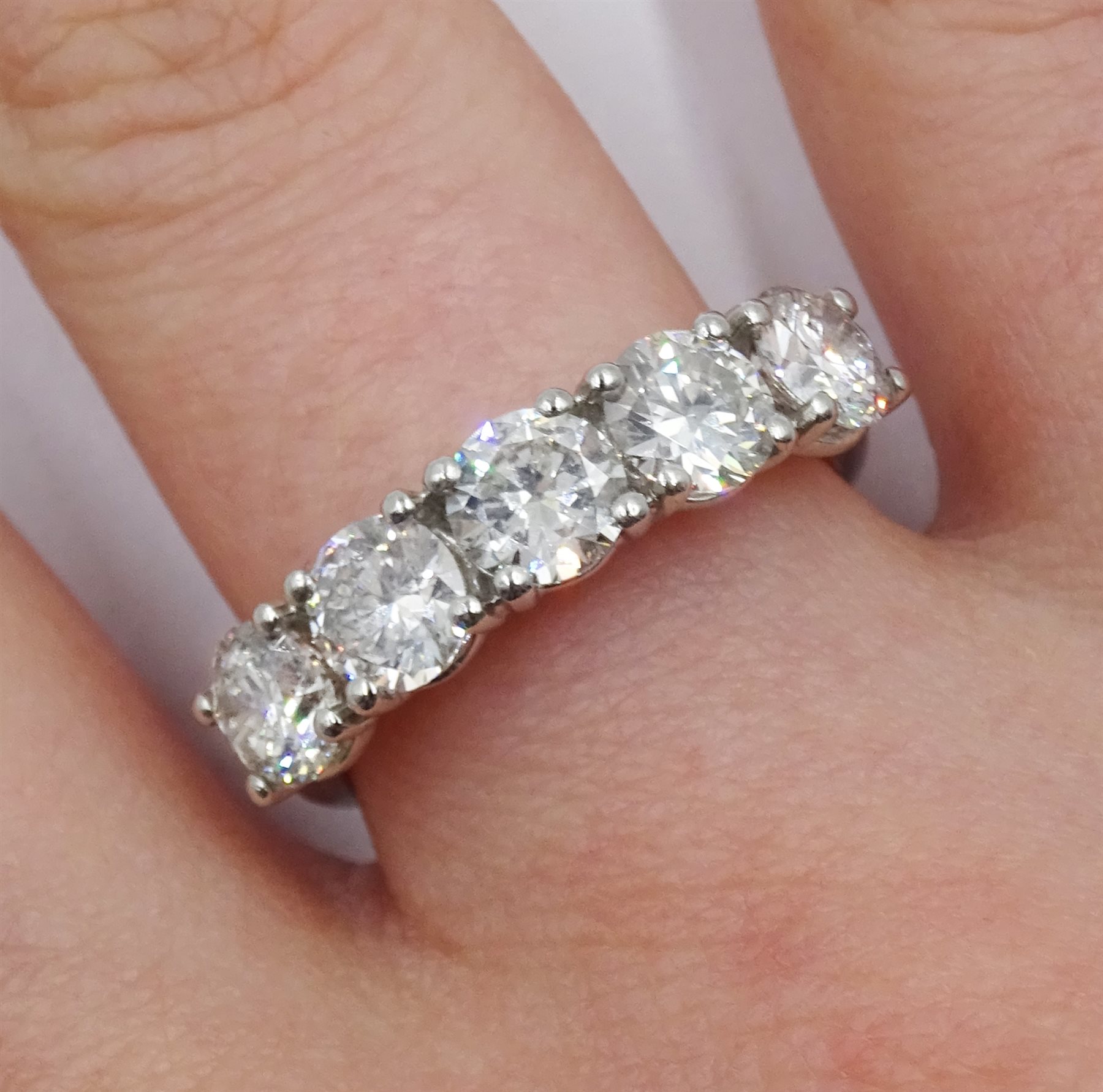 Platinum five stone round brilliant cut diamond ring hallmarked, total diamond weight approx 2.10 ca - Image 2 of 4