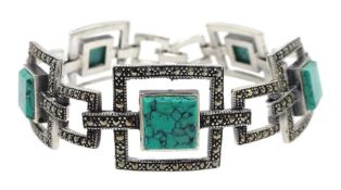 Silver marcasite and turquoise link bracelet, stamped 925