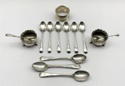 Set of six silver coffee spoons Sheffield 1920, pair of silver circular salts Sheffield 1909, silver