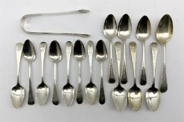 Set of six George III silver tea spoons with engraved stems London 1804, five tea spoons London 1794