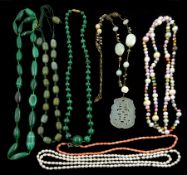 Two malachite bead necklaces, gilt carved jade pendant necklace, two pearl necklaces , coral necklac