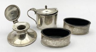Silver navette shape three piece condiment set engraved with initial 'D' Birmingham 1913/14 Maker Wi