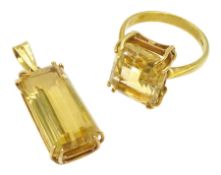18ct gold emerald cut citrine ring, stamped 750 and a 17ct gold emerald cut citrine pendant