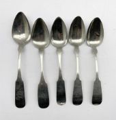 Five 19th century American coin silver/white metal spoons comprising a pair of fiddle pattern table