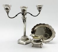 Silver three branch candelabrum with tapering column and hexagonal base H22cm Birmingham 1971 Maker