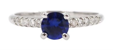 14ct white gold round sapphire ring, with diamond set shoulders, hallmarked