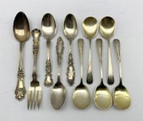American sterling silver cutlery by Gorham comprising five fruit spoons with engraved stems, pair of