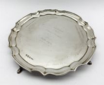 Small silver circular salver with pie crust border presented to the greyhound trainer Harold Wright