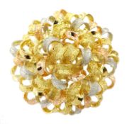 18ct white, yellow and rose gold circular stylised flower design brooch, with textured and smooth go