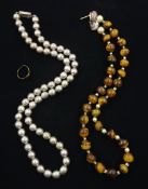 Mexican silver beaded necklace, stamped 925, gold ring stamped 9ct and a tigers eye bead necklace (3