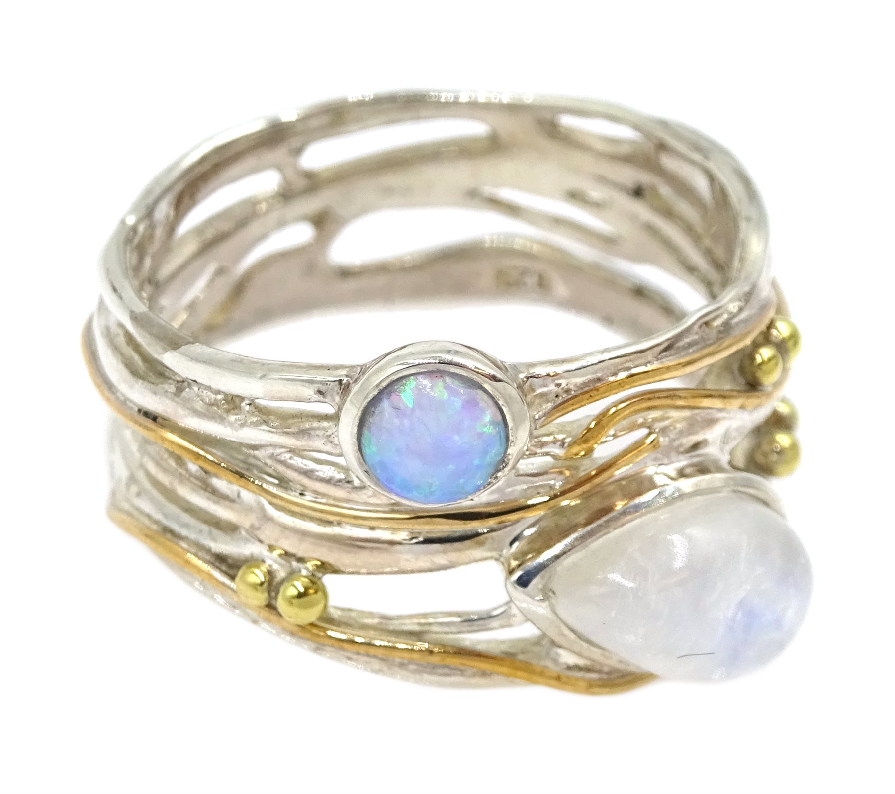 Silver and 14ct gold wire moonstone and opal ring, stamped 925 - Image 3 of 4