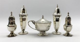 Silver three piece condiment set of tapering panel sided design Sheffield 1935 and 1937 Maker Viners