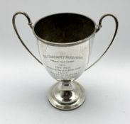 Silver two handled trophy inscribed 'West Somerset Foxhounds Annual Puppy Show 1901' on a pedestal f