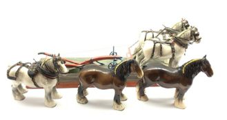 Pair of Beswick grey harnessed shire horses No.818 pulling a single furrow plough and on a wooden ba