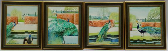 June Lloyd-Jones (British 1930-2016): Peacocks on a Garden Terrace, set four oils on canvas, three s